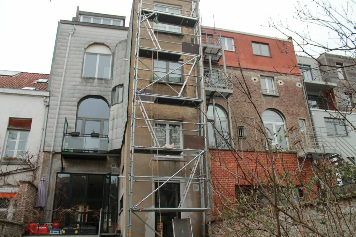 Slate cladding on a Brussels building, scaffolding in place